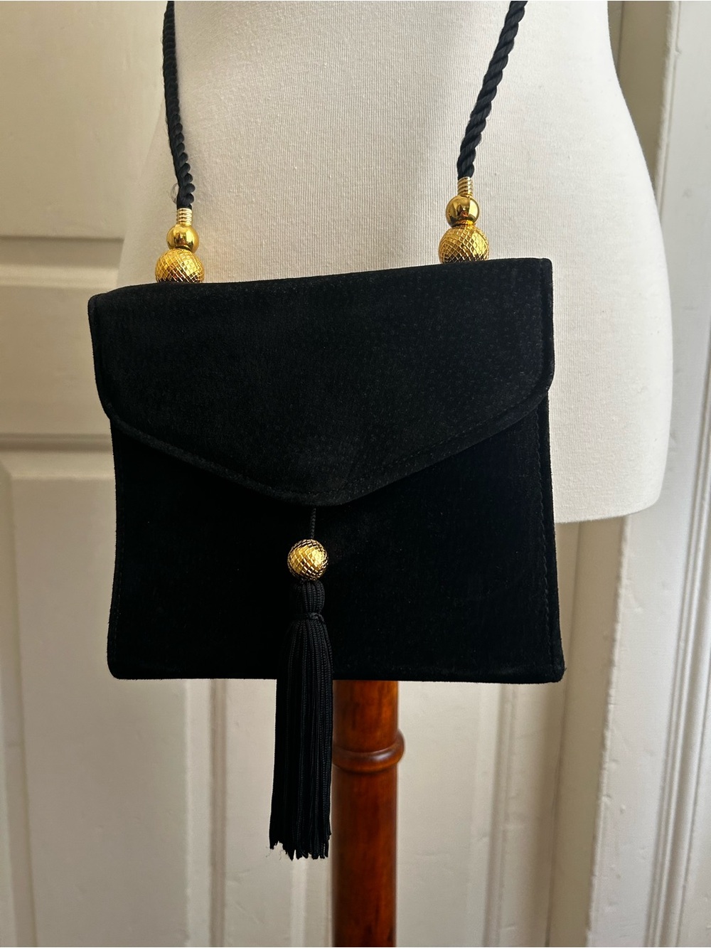 Vintage Mary Kay Black Suede Velvet Tassel Crossbody Bag Gold Accent